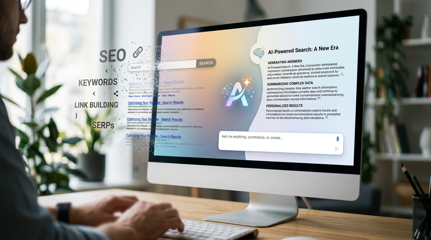 Computer screen displaying AI-powered search with SEO keywords and search results