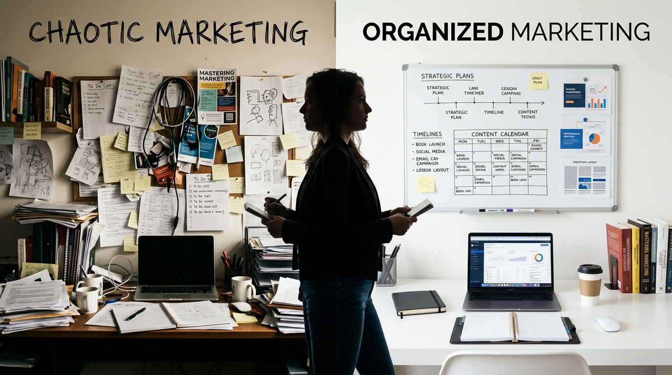 Split image showing chaotic marketing workspace cluttered with papers and notes versus organized marketing workspace with clean desk and strategic plan board