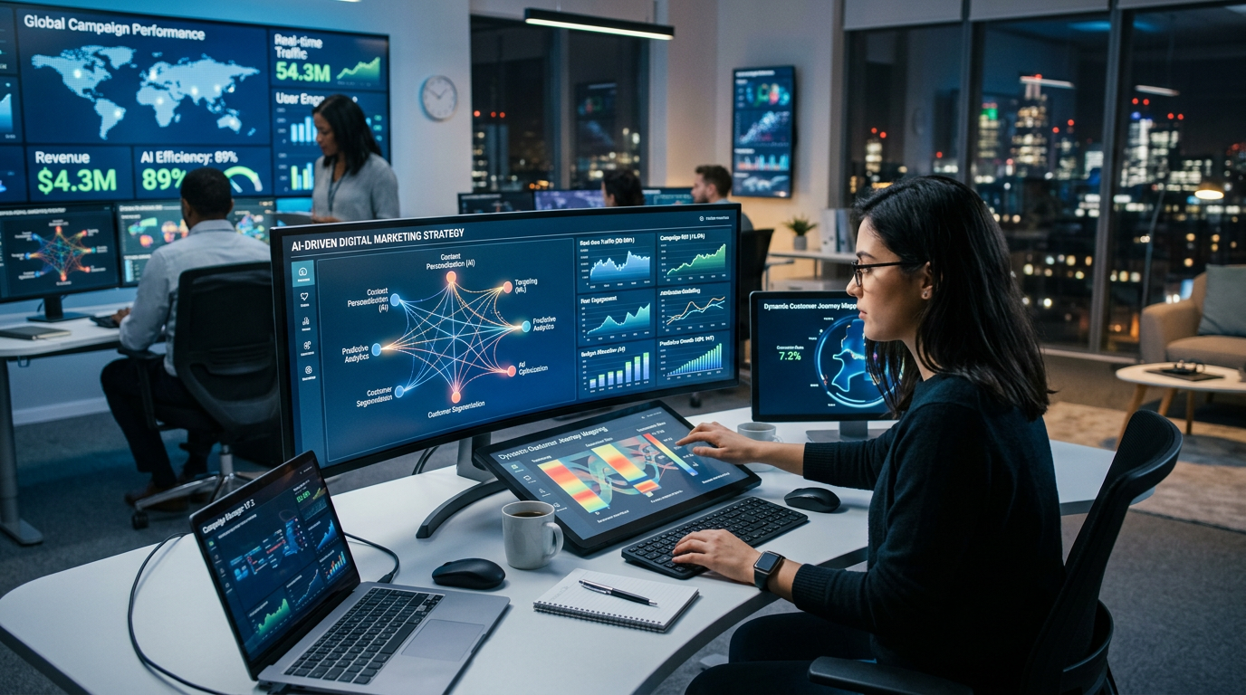 Woman analyzing AI-driven digital marketing strategy and customer journey data on multiple screens