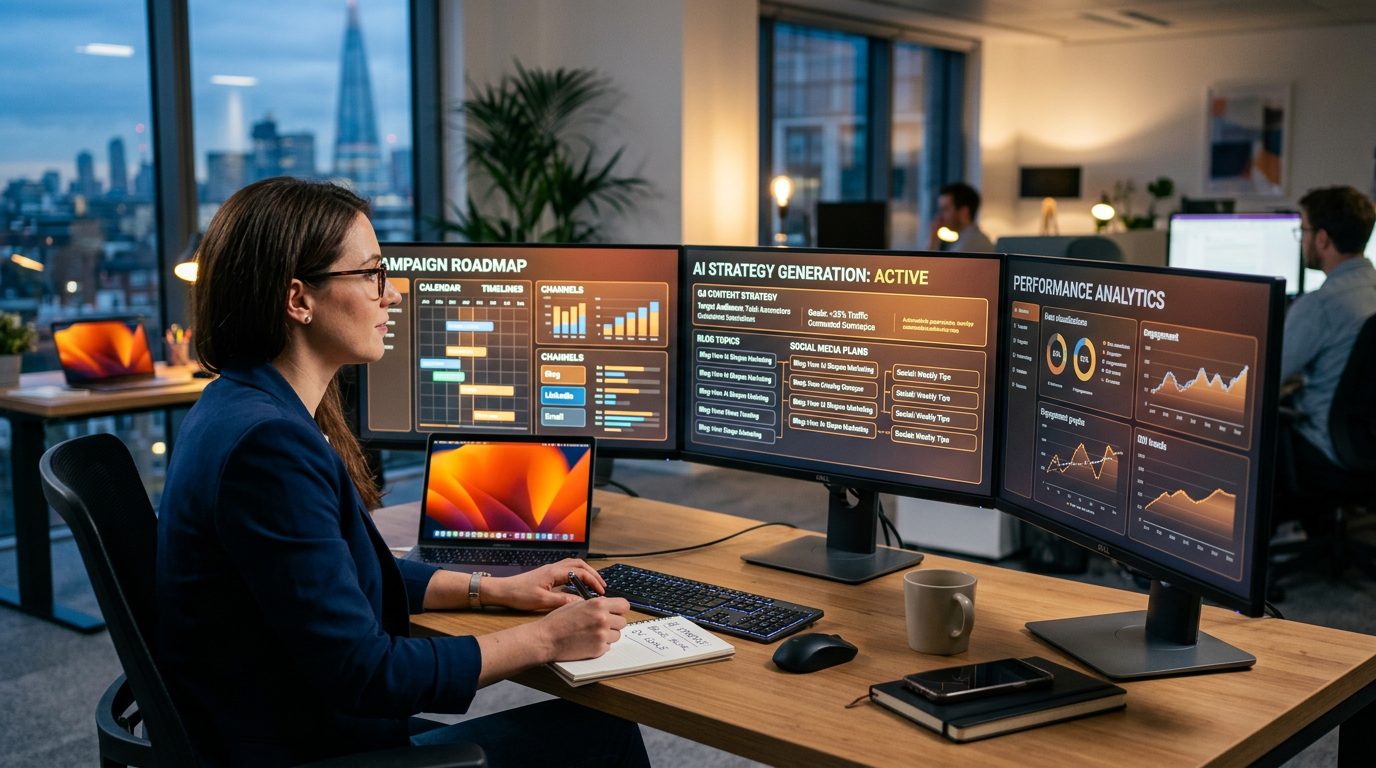 Woman working at desk with three monitors showing marketing roadmap, AI strategy, and performance analytics