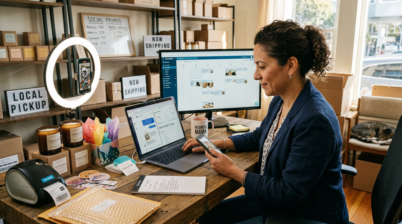 Woman using laptop and smartphone at a wooden desk with shipping supplies and social media calendar