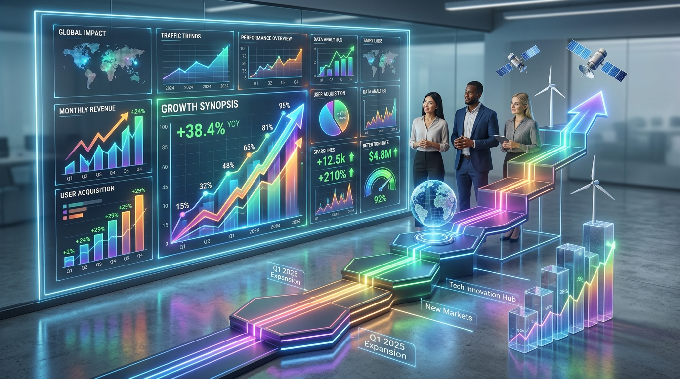 Holographic business analytics charts and growth models with three professionals reviewing data