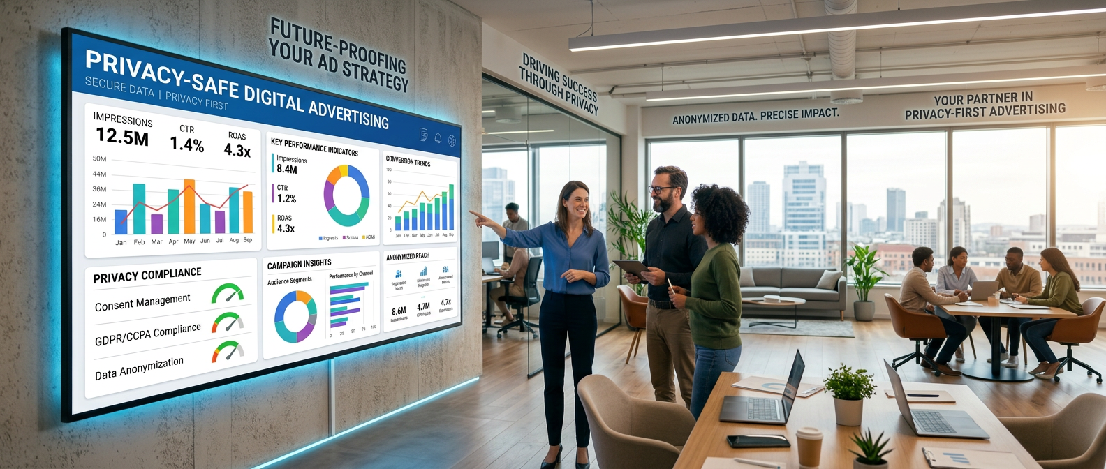 Team reviewing privacy-safe digital advertising performance metrics on a large screen