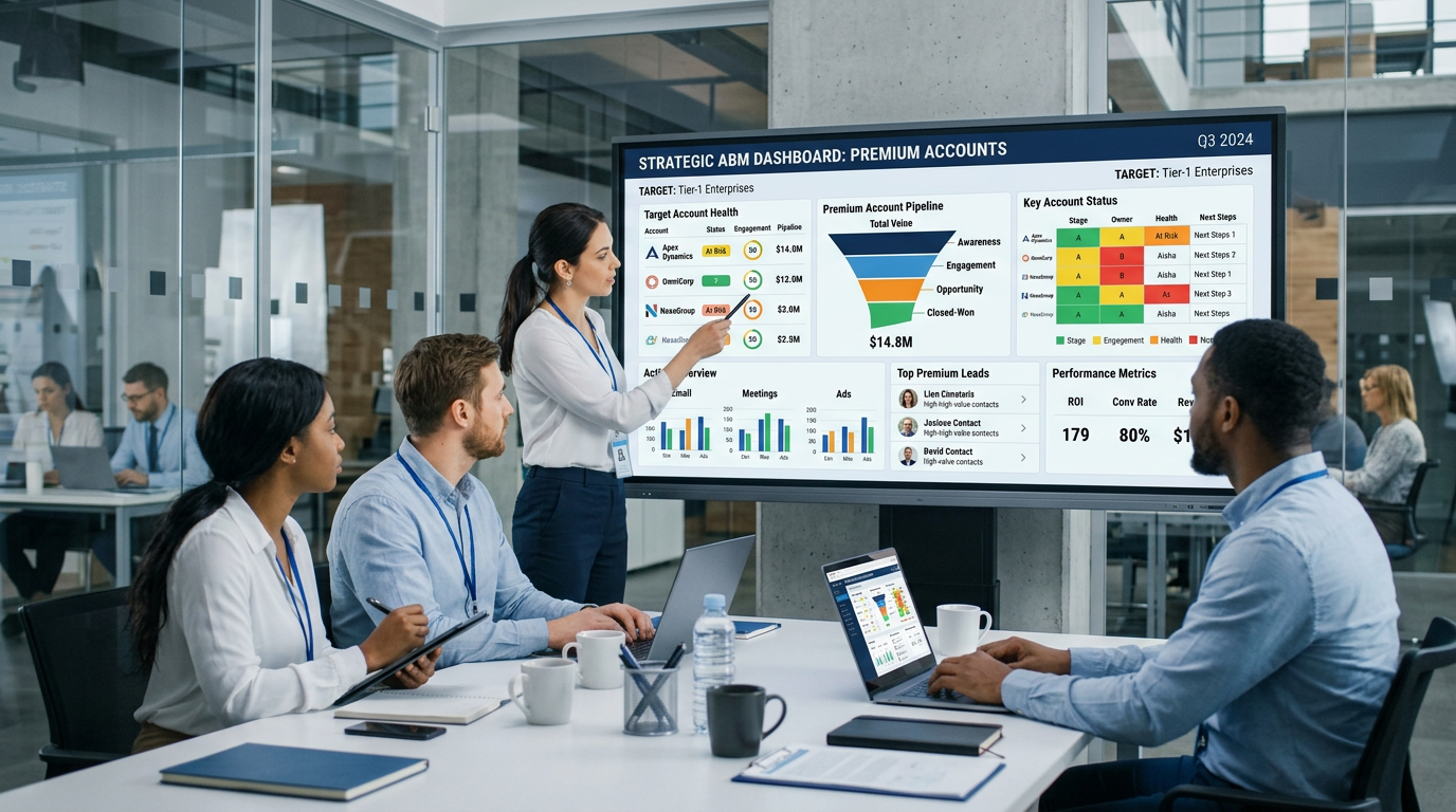 Team reviewing a Strategic ABM Dashboard for premium accounts