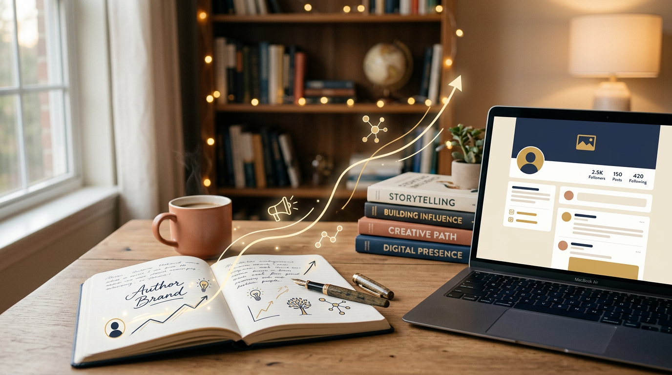 Open notebook labeled Author Brand, books titled Storytelling, Building Influence, Creative Path, Digital Presence, and laptop showing a social profile with 2.5K followers, 150 posts, and 420 following