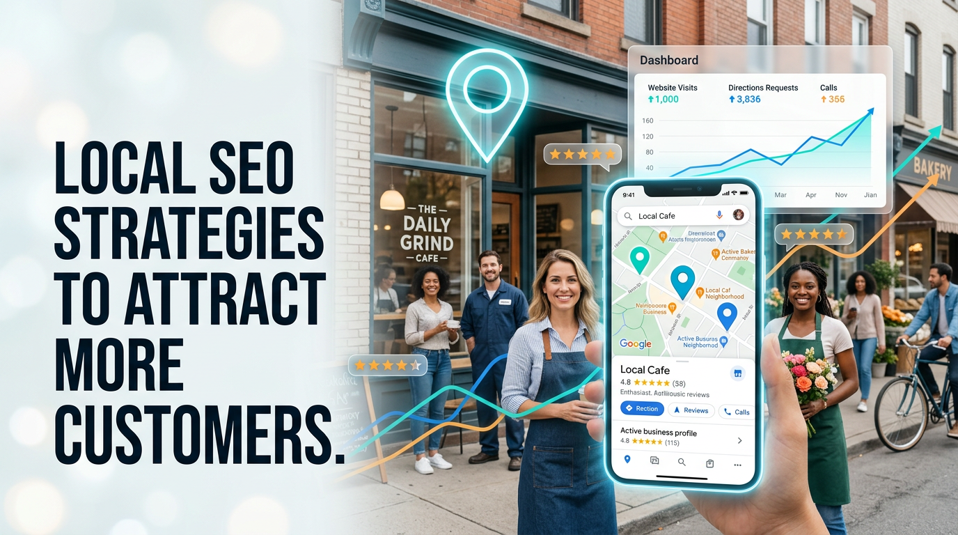 Local SEO strategies to attract more customers, with café map and analytics dashboard