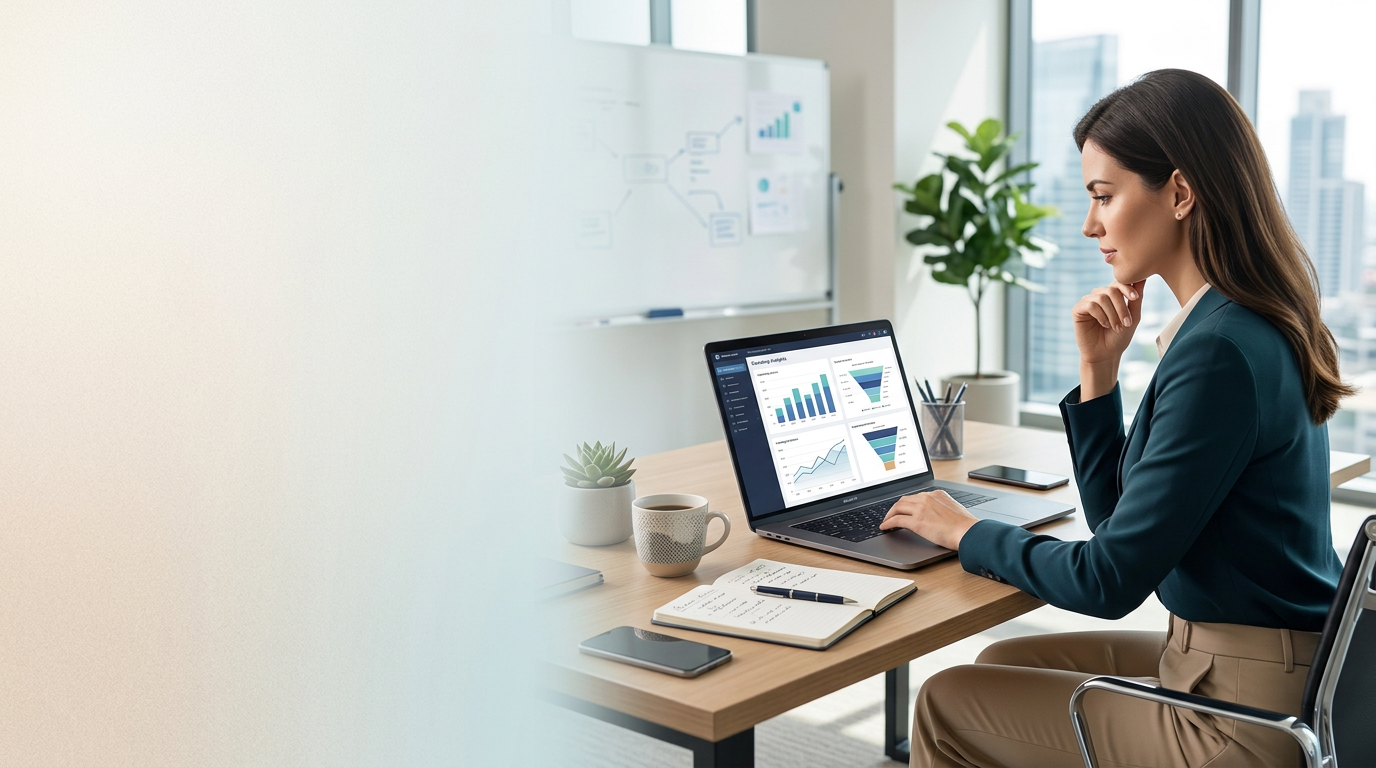 Marketing professional analyzing laptop dashboards surrounded by analytics and social media icons
